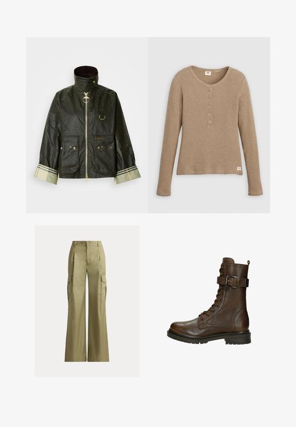 Donkergroene gewaxte jas met een hoge kraag, gouden details, twee voorzakken en een geruit detail op de manchetten. Merkennaam "Barbour" zichtbaar.; Beige henleyshirt met lange mouwen en wafelstructuur, ronde hals en knoopsluiting met vijf knopen, plat weergegeven tegen een witte achtergrond.; Khaki cargobroek met wijde pijpen, hoge taille, knoop- en ritssluiting en klepzakken aan beide zijden.; Bruine leren veterschoen tot de enkel met een zijgesp, ronde neus, robuuste zool en stiksels voor extra textuur.