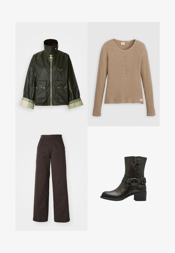 Veste cirée vert foncé avec un col montant, des accessoires dorés, deux poches avant et un détail à carreaux sur le poignet. Nom de la marque « Barbour » affiché.; Chemise henley beige à manches longues en maille gaufrée avec encolure ronde et patte de boutonnage à cinq boutons, présentée à plat sur fond blanc.; Pantalons brown à jambes larges avec fermeture à bouton et passants de ceinture, fabriqués en tissu durable, dotés d'une texture lisse et de lignes épurées.; Marco Tozzi Bottines de cowboy / motard - cafe antic