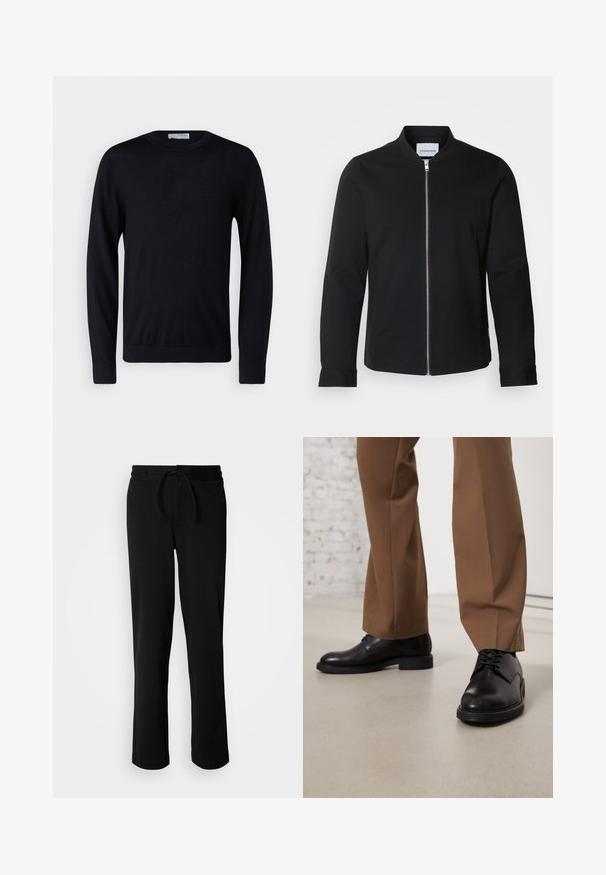 Chaqueta bomber negra hecha de una mezcla de algodón, con cuello alzado, cierre delantero con cremallera y mangas con puños. Textura suave y diseño minimalista.; Jersey negro de manga larga con cuello redondo y puños y dobladillo acanalados, mostrado sobre un fondo blanco.; Pantalones de chándal negros con cinturilla ajustable, hechos de tela suave y elástica. Presentan un corte relajado con piernas rectas y sin bolsillos visibles.; Zapatos de cuero negro con superficie lisa y puntera redonda, que presentan cierre con cordones y una suela baja y plana. Combinados con pantalones marrones.