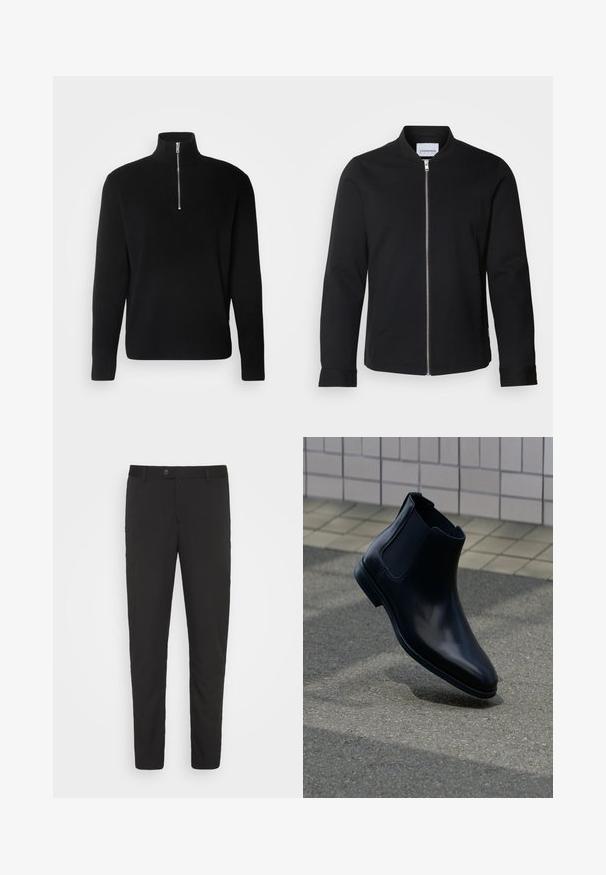 Čierna bomber bunda z bavlneného zmesi, vyrobená s stojatým golierom, predným zipsom a manžetami. Hladká textúra a minimalistický dizajn.; Lindbergh HALF ZIP RIB KNIT - Svetrík - black; Čierne, priliehavé nohavice so strihom rovného nohu, prednými vreckami a zapínaním na gombík. Vyrobené z hladkej látky s jemným leskom.; Čierna kožená Chelsea čižma s elastickými bočnými panelmi zobrazená nad sivým dlažobným kameňom a stenou obloženou dlaždicami.