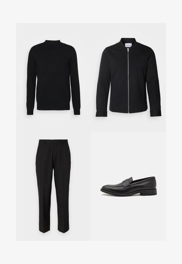 Chaqueta bomber negra hecha de una mezcla de algodón, con cuello alzado, cierre delantero con cremallera y mangas con puños. Textura suave y diseño minimalista.; Suéter negro de punto suave con cuello alto y mangas largas. Diseño sencillo, sin patrones ni adornos.; Pantalones negros de tela suave, con un diseño de pierna recta, bolsillos delanteros, un cierre de botón y sin patrones visibles.; Mocasín de cuero negro con un acabado suave, una tira decorativa en la parte superior, punta redondeada y un tacón bajo apilado.