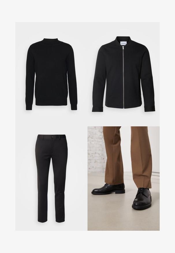 Zwarte bomberjack gemaakt van een katoenmix, met een staande kraag, een rits aan de voorkant en manchetten. Glad textuur en minimalistisch ontwerp.; Zwarte pullover trui van zachte stof met een hoge hals en lange mouwen. Eenvoudig ontwerp, zonder patronen of versieringen.; Zwarte broek van gladde stof, met een rechte pijpdesign, sluiting met voorste knoop en riemlussen, weergegeven op een witte achtergrond.; Zwarte leren schoenen met een gladde oppervlakte en een ronde neus, metveterafsluiting en een lage, platte zool. Gecombineerd met bruine broeken.
