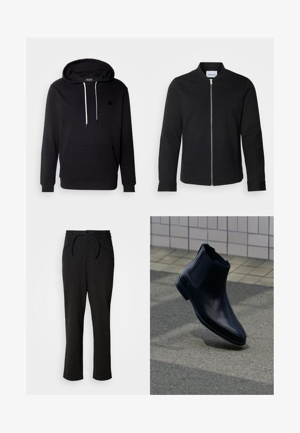Schwarze Bomberjacke aus Baumwollmischung mit Stehkragen, frontaler Reißverschluss und eingefassten Ärmeln. Glatte Textur und minimalistisches Design.; Schwarzer Hoodie aus weichem Material mit einer vorderen Kängurutasche, Kapuze mit Kordelzug und kleinem schwarzen Logopatch auf der Brust.; Schwarze Strickhose mit einem Kordelzugbund, geradem Bein und Seitentaschen. Weiche Textur mit glatter Oberfläche.; Schwarzer Chelsea-Lederstiefel mit elastischen Seiteneinsätzen, über grauem Pflaster und gefliester Wand im Hintergrund dargestellt.