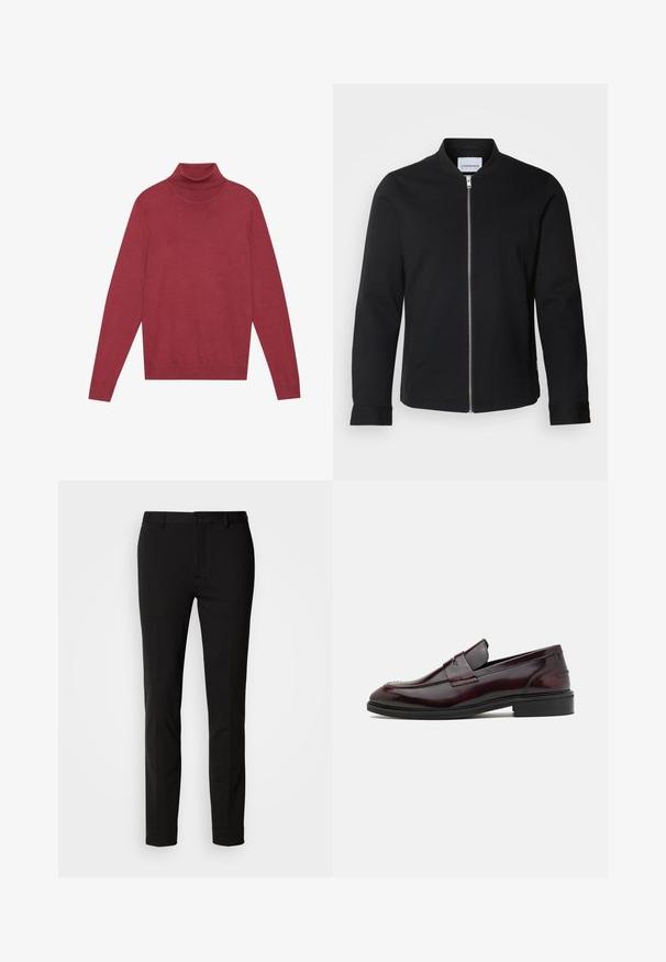 Veste bomber noire en mélange de coton, dotée d'un col montant, d'une fermeture à zip sur le devant et de manches à poignet. Texture lisse et design minimaliste.; Pull à col roulé rouge en maille douce. Dispose de longues manches et d'une coupe ajustée. Texture lisse sans motifs ni accessoires visibles.; Pantalon noir à coupe ajustée, avec une fermeture à bouton et des passants de ceinture. Fabriqué en tissu lisse avec un léger éclat, sans motifs visibles.; Mocassins en cuir bordeaux avec une finition lisse, un accent rectangulaire à l'avant et une pointe arrondie, dotés d'une semelle en caoutchouc noir.