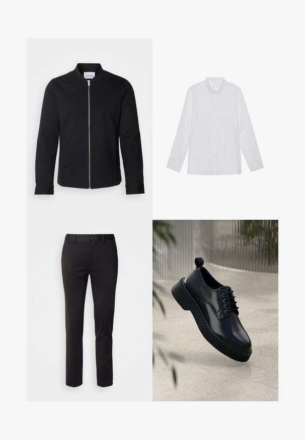Zwarte bomberjack gemaakt van een katoenmix, met een staande kraag, een rits aan de voorkant en manchetten. Glad textuur en minimalistisch ontwerp.; Witte blouse met lange mouwen van soepel stof, met een puntige kraag, voorkant met knoopsluiting en manchetten met één knoop.; Zwarte broek van gladde stof, met een rechte pijpdesign, sluiting met voorste knoop en riemlussen, weergegeven op een witte achtergrond.; Zwarte leren schoen met een ronde neus, vetersluiting en een dikke rubberen zool met een gestructureerde rand. Strakke afwerking en minimale hardware.