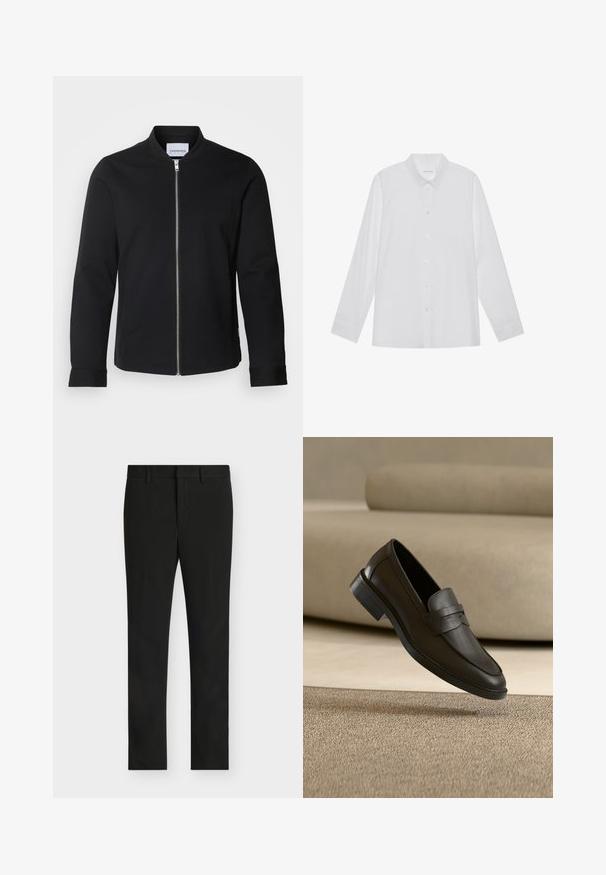 Veste bomber noire en mélange de coton, dotée d'un col montant, d'une fermeture à zip sur le devant et de manches à poignet. Texture lisse et design minimaliste.; Chemise blanche à manches longues en tissu lisse, dotée d'un col pointu, d'une fermeture à boutons sur le devant et de poignets à un bouton.; Pantalon noir slim fit avec passants de ceinture, fermeture éclair frontale et devant plat, présenté sur un fond gris clair.; Chaussure loafer en cuir noir reposant sur un tapis beige avec un canapé beige courbé en arrière-plan.