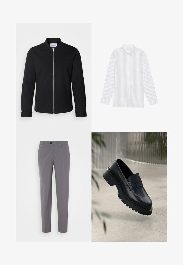 Chaqueta bomber negra hecha de una mezcla de algodón, con cuello alzado, cierre delantero con cremallera y mangas con puños. Textura suave y diseño minimalista.; Camisa blanca de botones con finas rayas verticales negras, que presenta un cuello clásico y mangas largas con puños abotonados.; Pantalones grises a medida con una textura suave, diseño de pierna recta, cierre de un solo botón y bolsillos frontales. Sin patrones ni acentos visibles.; Mocasines de cuero negro con suela gruesa, que presentan una correa decorativa y detalles de costura. Textura suave con un acabado pulido.