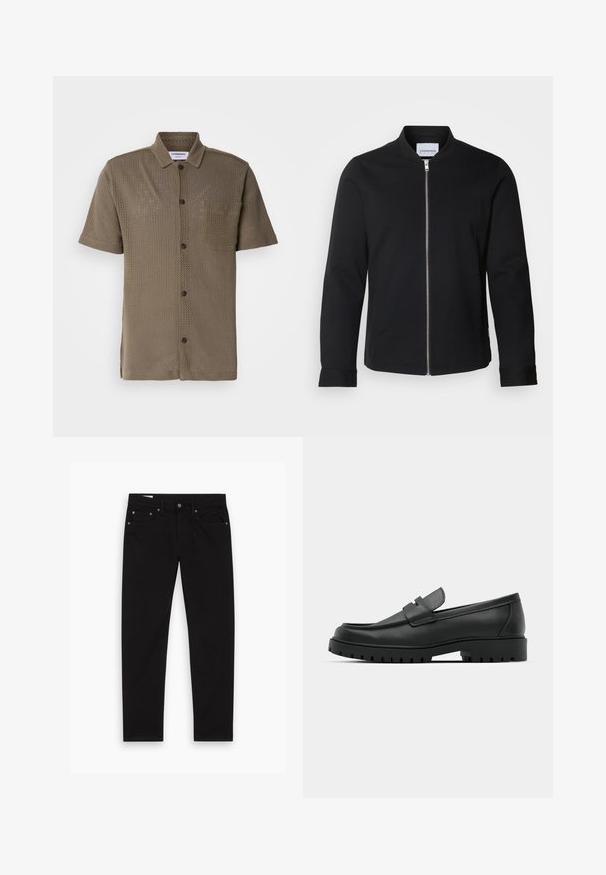 Chaqueta bomber negra hecha de una mezcla de algodón, con cuello alzado, cierre delantero con cremallera y mangas con puños. Textura suave y diseño minimalista.; Camisa de manga corta en color verde oliva, hecha de tela de malla, con un botón en la parte delantera, un bolsillo en el pecho y un corte relajado.; Jeans negros de pierna recta con bolsillos frontales y traseros, bucles para cinturón y cierre de botón y cremallera, extendidos sobre un fondo blanco.; Mocasines de cuero negro con punta redonda, que cuentan con un diseño cosido, suela de plataforma baja y una suela de goma texturada y con tacos.