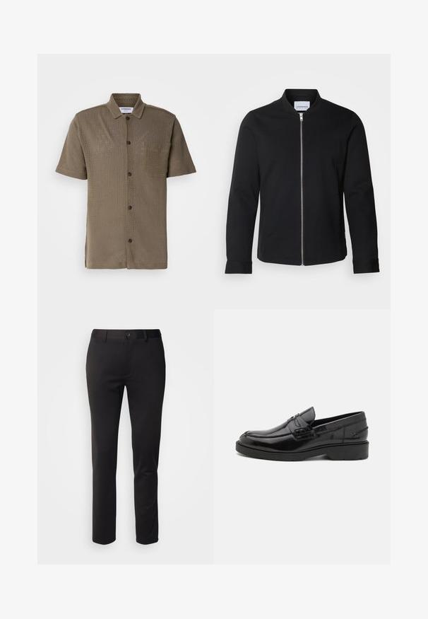 Veste bomber noire en mélange de coton, dotée d'un col montant, d'une fermeture à zip sur le devant et de manches à poignet. Texture lisse et design minimaliste.; Chemise à manches courtes, couleur olive, en tissu en maille, avec un devant à boutons, une poche poitrine et une coupe décontractée.; Pantalons noirs en tissu lisse, avec une coupe droite, fermeture à bouton à l'avant et passants de ceinture, présentés sur un fond blanc.; Mocassins en cuir noir avec une finition lisse, un bout rond, un petit talon et descoutures décoratives à l'avant. Semelle en caoutchouc pour l'adhérence.