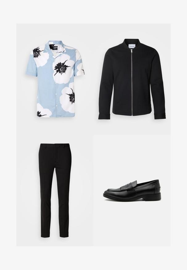 Schwarze Bomberjacke aus Baumwollmischung mit Stehkragen, frontaler Reißverschluss und eingefassten Ärmeln. Glatte Textur und minimalistisches Design.; Kurzarm-Hemd aus leichtblauem Stoff mit großen weißen Blumen und schwarzen Akzenten. Mit einem Camp-Kragen und lässiger Passform.; Schwarze Hose mitSlim-Fit, ausgestattet mit einem Knopfverschluss und Gürtelschlaufen. Aus glattem Stoff mit leichtem Glanz, ohne erkennbare Muster.; Schwarzer Leder-Herrenloafer mit Quasten-Detail, abgerundeter Spitze, niedrigem Absatz und glatter, polierter Oberfläche, von der Seite auf weißem Hintergrund dargestellt.