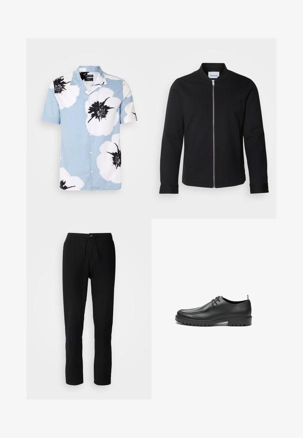 Sort bomberjakke lavet af en bomuldsblanding, med stående krave, lynlås foran og manchetter ved ærmerne. Glat tekstur og minimalistisk design.; Kortærmet skjorte med knapper i lyseblåt stof med store hvide blomster og sorte detaljer. Har en camp krave og en afslappet pasform.; Sorte afslappede bukser med lige ben, knap- og snørrelukning samt bæltestropper på en ens hvid baggrund.; Sorte lædersko med en glat overflade, rund tå og dekorativ stikning. Har en gummisål med skridsikre spor og snørebåndsdesign.