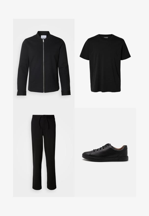 Chaqueta bomber negra hecha de una mezcla de algodón, con cuello alzado, cierre delantero con cremallera y mangas con puños. Textura suave y diseño minimalista.; Camiseta negra lisa de manga corta y cuello redondo con corte de hombre, sin patrones ni logotipos visibles en el delantero.; Pantalones de chándal negros con cinturilla ajustable, hechos de tela suave y elástica. Presentan un corte relajado con piernas rectas y sin bolsillos visibles.; Zapatillas de cuero negro con un acabado suave, punta redondeada y cierre de cordones de seis ojales; cuenta con una suela de goma negra para mayor agarre.
