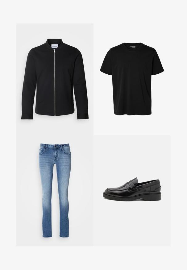 Schwarze Bomberjacke aus Baumwollmischung mit Stehkragen, frontaler Reißverschluss und eingefassten Ärmeln. Glatte Textur und minimalistisches Design.; Schlichtes schwarzes T-Shirt mit kurzen Ärmeln und Rundhalsausschnitt in Herrenform, ohne sichtbare Muster oder Logos auf der Vorderseite.; Helle blaue Denim-Jeans mit einem klassischen Fünf-Taschen-Design, geradem Bein und subtilen Ausbleichungen. Hergestellt aus weichem, strapazierfähigem Stoff.; Schwarze Lederloafers mit glatter Oberfläche, abgerundetem Zehenbereich, niedrigem Absatz und dekorativer Naht entlang der Vorderseite. Gummisohle für guten Halt.