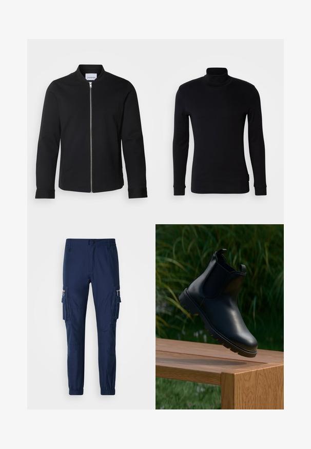 Zwarte bomberjack gemaakt van een katoenmix, met een staande kraag, een rits aan de voorkant en manchetten. Glad textuur en minimalistisch ontwerp.; Zwarte langemouw turtleneck shirt gemaakt van zachte stof. Heeft een aansluitend ontwerp met ribbels aan de mouwen en een gladde textuur. Geen patronen of logo's.; Marine cargobroek gemaakt van lichtgewicht stof, met zijzakken, elastische boorden en een ritszakje.; Zwarte leren Chelsea-boot met een ronde neus, elastische zijpanelen, trekstrips en een getextureerde rubberen zool, geplaatst op een houten oppervlak.