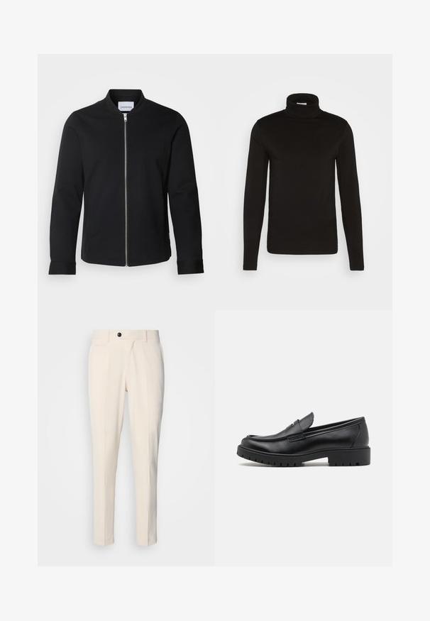 Chaqueta bomber negra hecha de una mezcla de algodón, con cuello alzado, cierre delantero con cremallera y mangas con puños. Textura suave y diseño minimalista.; Camiseta de cuello alto de manga larga negra, elaborada en una tela suave con un diseño ajustado y un cuello alto, ceñido. Sin patrones ni acentos visibles.; Pantalones tailored beige con frente plano, cierre de un botón y dos bolsillos laterales en ángulo. Tejido suave con corte slim y pierna entallada.; Mocasines de cuero negro con punta redondeada, diseño sin cordones y suela de goma gruesa con agarre texturizado. Tacón elevado y detalles de costura sutiles.