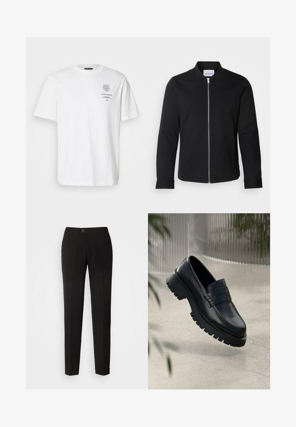 Sort bomberjakke lavet af en bomuldsblanding, med stående krave, lynlås foran og manchetter ved ærmerne. Glat tekstur og minimalistisk design.; Hvid bomulds t-shirt med rund halsudskæring, korte ærmer og et trykt logo og tekstdesign på forsiden i grå.; Sorte lige bukser lavet af glat stof, med knaplukning og sidelommer i et klassisk design.; Sorte læder loafers med en chunky sål, der har en dekorativ rem og syninger. Glat tekstur med en poleret overflade.