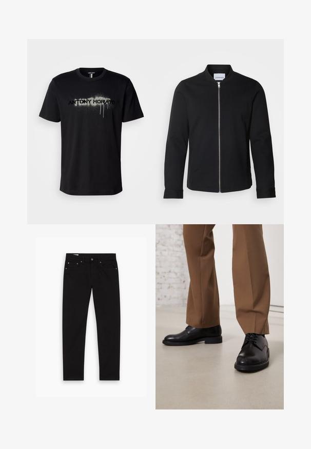 Must nahkvalge bomber-jakk, mis on valmistatud puuvillasegistusest, eristub seisva krae, ees oleva lukuga ja mansettidega varrukatega. Sile tekstuur ja minimalistlik disain.; Must have must t-särk mustast puuvillast, millel on hall spray-kirja „ANTONY MORATO“ tilkuvate detailidega, lühikesed varrukad ja ümar kaelus.; Mustad sirged põlvedega teksad, millel on esimesed ja taga taskud, vöökujundid ning nööbid ja tõmblukk, laotatud valgele taustale.; Mustad musta nahast kingad sileda pinnaga ja ümmarguse varbaga, mis on varustatud kinnituspaeltega ja madala, tasase tallaga. Kombineeritud pruunide pükstega.