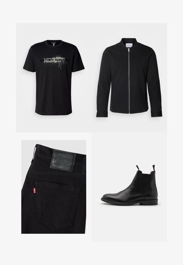 Zwarte bomberjack gemaakt van een katoenmix, met een staande kraag, een rits aan de voorkant en manchetten. Glad textuur en minimalistisch ontwerp.; Zwarte katoenen t-shirt met een gespoten tekstgrafiek "ANTONY MORATO" in grijs met druipende details, korte mouwen en een ronde hals.; Zwarte Levi's jeans met zichtbare rechter achterzak voorzien van een rood Levi's label en een zwart leren merkpatch met maat W32 L.; Zwarte leren Chelsea boot met elastische zijpanelen, ronde neuzen, aantreklussen en een lage gestapelde hak. Glad materiaal en klassiek ontwerp.