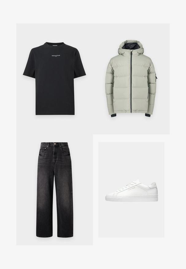 Ανοιχτό γκρι μπουφάν με κουκούλα, που διαθέτει μπροστινό φερμουάρ, ελαστικές μανσέτες και δύο πλαϊνές τσέπες. Το υλικό φαίνεται λείο και αφρώδες.; Μαύρο κοντομάνικο t-shirt με την επιγραφή "MAISON KITSUNÉ PARIS" σε μικρά λευκά γράμματα, τοποθετημένη στο κέντρο του στήθους.; Μαύρο τζιν παντελόνι με χαλαρή εφαρμογή, ψηλή μέση, πέντε τσέπες και ορατό κλείσιμο με κουμπί. Διαθέτει διακριτική φθορά και ίσια γραμμή.; Λευκό χαμηλό αθλητικό παπούτσι με κορδόνια, μινιμαλιστικό σχεδιασμό και χρυσό λογότυπο "Filling Pieces" στο πλάι πάνω σε απλό φόντο.
