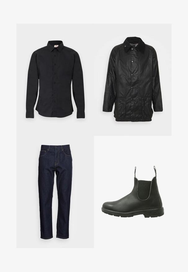 Barbour BEAUFORT - Halflange jas - black; Zwarte blouse met lange mouwen, knoopsluiting, kraag, knoopmanchetten en een klein logo aan de linkerkant van de borst, tentoongesteld op een vlakke ondergrond.; Donkerblauwe spijkerbroeken met een rechte snit, vijf zakken en contrasterende gele stiksels. Ontworpen met een klassieke knoop- en ritssluiting.; Zwarte leren Chelsea-boot met elastische zijpanelen, ronde neus en een textuur rubberen zool, ontworpen voor gemakkelijke instap.