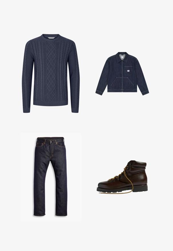 Mørkeblå denimjakke med lynlås foran, brystlomme med en hvid Lee-logo patch og to nederste lommer foran.; Mørkeblå strikket sweater med teksturerede kabelmønstre, rund halsudskæring og ribbekanter ved ærmerne og nederste kant. Fremstillet af blødt og holdbart stof.; Mørkeblå lige ben denim jeans med fem lommer og orange kontrastsyning, lagt fladt ud mod hvid baggrund.; Brun læder vandrestøvle med en afrundet tå, tekstureret overflade, gule snørebånd og metaløjer. Har en robust sort gummisål.