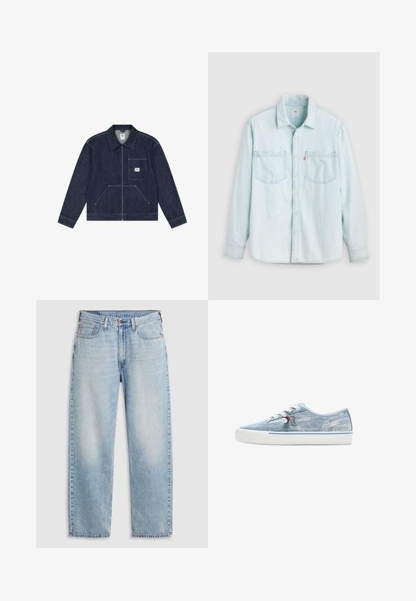 Mørkeblå denimjakke med lynlås foran, brystlomme med en hvid Lee-logo patch og to nederste lommer foran.; Lyseblå denimskjorte med lange ærmer, knaplukning foran, to brystlommer og krave, vist mod en ensfarvet lys baggrund.; Lyseblå lige jeans med fem lommer, metalknaplukning og falmede detaljer ved lårene og knæene, lagt fladt på hvid baggrund.; Lavtopet sneaker i lyseblåt denim med hvid gummisål, hvide snørebånd og dekorative charms, der hænger fra de sideplacerede snørehuller.