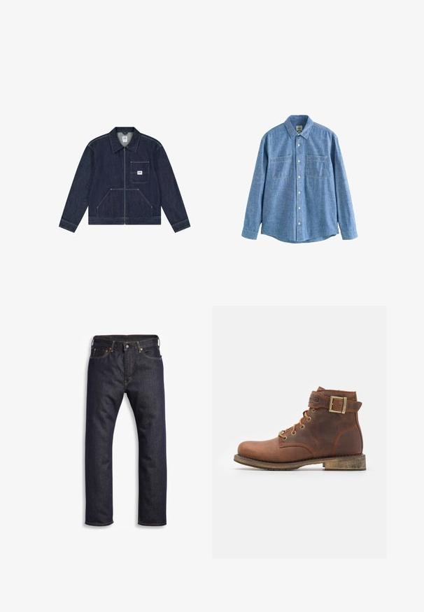 Dunkelblaue Jeansjacke mit Reißverschluss vorne, Brusttasche mit weißem Lee-Logo-Patch und zwei unteren Fronttaschen.; Langärmliges blaues Chambray-Hemd mit Knopfleiste und zwei Brusttaschen, flach auf weißem Hintergrund liegend.; Dunkelblaue Jeans aus Denim mit geradem Schnitt, Fünf-Taschen-Design, metallischen Komponenten und kontrastierenden orangen Nähten. Glatte Textur, keine sichtbaren Muster.; Harley Davidson VNTGMOTO SHORT RIDING APPROVED - Cowboy-/Bikerstiefelette - brown