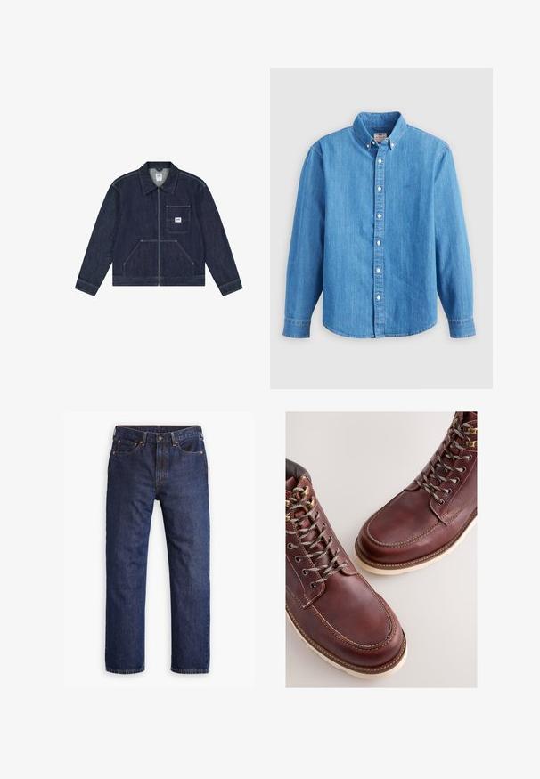 Mørkeblå denimjakke med lynlås foran, brystlomme med en hvid Lee-logo patch og to nederste lommer foran.; Lyseblå denimskjorte med lange ærmer, knap-ned krave og hvide knapper. Har et lille broderet logo på brystet.; Mørkeblå straight-leg denim jeans med frontknap, lynlås, fem lommer og detaljer i kobbernitter.; Brune læderstøvler med en glat finish, med metal-øjer, grå snørebånd og en cremefarvet gummisål. Syning langs kanterne som detalje.