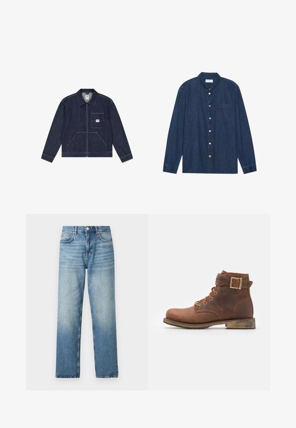 Dunkelblaue Jeansjacke mit Reißverschluss vorne, Brusttasche mit weißem Lee-Logo-Patch und zwei unteren Fronttaschen.; Dunkelblaue Jeanshemd mit langen Ärmeln, knöpfbarem Vorderteil, kragenförmigem Halsauschnitt und einer Brusttasche. Mit silbernen Knopfakzenten.; Helle blaue Jeans mit geradem Schnitt, ausgestattet mit einem Knopfverschluss, fünf Taschen und einem sanften Verblassen am Saum. Flache Textur.; Harley Davidson VNTGMOTO SHORT RIDING APPROVED - Cowboy-/Bikerstiefelette - brown