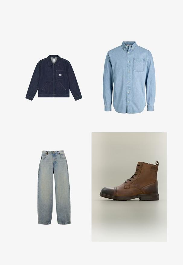 Donkerblauwe spijkerjack met ritssluiting aan de voorkant, borstzak met een witte Lee-logo patch en twee lagere zakken aan de voorkant.; Lichtblauw denim overhemd met knopen, lange mouwen, een kraag, een borstzakje en een subtiele textuur. Voorzien van witte knopen langs het knoopsluiting.; Lichtblauwe denim jeans met een ontspannen pasvorm, voorzien van een hoge taille, wijde pijpen, een klassiek vijf-pocket ontwerp en metalen hardware accenten.; Bruine leren enkellaars met veters, zwarte neuskap, ronde zool en merkdetail aan de zijkant tegen een effen achtergrond.