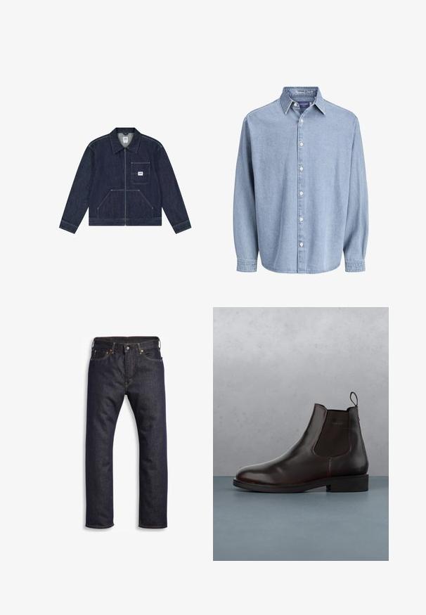 Donkerblauwe spijkerjack met ritssluiting aan de voorkant, borstzak met een witte Lee-logo patch en twee lagere zakken aan de voorkant.; Lichtblauwe denim lange mouw knoophemd met kraag en witte knopen, weergegeven tegen een effen witte achtergrond.; Donkerblauwe denim jeans met rechte snit, vijf zakken, metalen hardware en contrasterende oranje stiksels. Glad oppervlak, geen zichtbare patronen.; Bruine leren Chelsea-boot met elastische zijpanelen, een trekhaak en een gladde afwerking, geplaatst tegen een gestructureerd oppervlak van baksteen en grind.