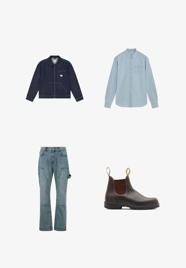Chaqueta vaquera azul oscuro con cremallera frontal, bolsillo en el pecho con un parche blanco con el logo de Lee y dos bolsillos frontales inferiores.; Camisa azul claro de manga larga con botones, bolsillo frontal y cuello abotonado, extendida sobre un fondo blanco.; Pantalones cargo de mezclilla azul claro con un diseño de pierna recta, que cuentan con múltiples bolsillos y un cierre de botón en la cintura.; Botas Chelsea de cuero marrón con paneles laterales elásticos y tiradores. Parte superior texturizada, suela de goma duradera y detalle de costura en contraste.