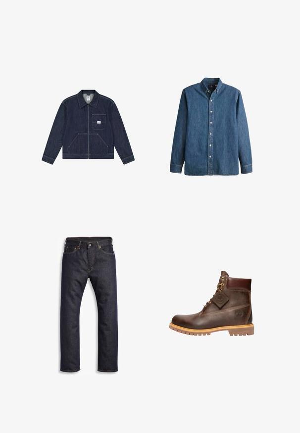 Dunkelblaue Jeansjacke mit Reißverschluss vorne, Brusttasche mit weißem Lee-Logo-Patch und zwei unteren Fronttaschen.; Denim-Hemd in Mittelblau, mit langen Ärmeln, spitzem Kragen, weißen Knöpfen und einer taillierten Passform sowie dezentem Logostick.; Dunkelblaue Jeans aus Denim mit geradem Schnitt, Fünf-Taschen-Design, metallischen Komponenten und kontrastierenden orangen Nähten. Glatte Textur, keine sichtbaren Muster.; Braune Leder-Ankelstiefel mit runder Zehenpartie, robuster Sohle, goldfarbener Hardware und strukturiertem Obermaterial. Enthält ein angehängtes Logo-Tag.