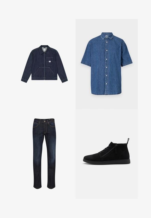 Dunkelblaue Jeansjacke mit Reißverschluss vorne, Brusttasche mit weißem Lee-Logo-Patch und zwei unteren Fronttaschen.; Kurzärmliges Denim-Shirt in Dunkelblau. Verfügt über eine durchgehende Knopfleiste, klassischen Kragen und gestichelte Details entlang der Kanten.; Dunkelblaue Denim-Jeans mit geradem Bein, fünf Taschen, goldenen Nähten und einer glatten Textur. Knopfverschluss an der Taille.; Schwarze Wildleder-Stiefeletten haben eine runde Zehenpartie, vordere Schnürsenkel und einen seitlichen Reißverschluss. Die Sohle ist flach und hat eine strukturierte Oberfläche für besseren Halt.