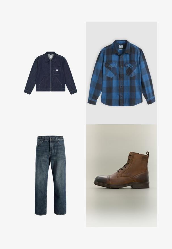 Veste en denim bleu foncé avec fermeture éclair frontale, poche poitrine ornée d'un patch logo Lee blanc, et deux poches frontales inférieures.; Chemise en flanelle à carreaux bleu et noir, à manches longues, avec fermeture à boutons sur le devant, deux poches poitrine, col et texture douce.; Jeans en denim bleu foncé avec une coupe ample, présentant un design à cinq poches, fermeture à bouton et à zip, et des détails de couture visibles.; Botte cheville en cuir marron à lacets avec bout noir, semelle ronde et détail de marque sur le côté sur fond uni.