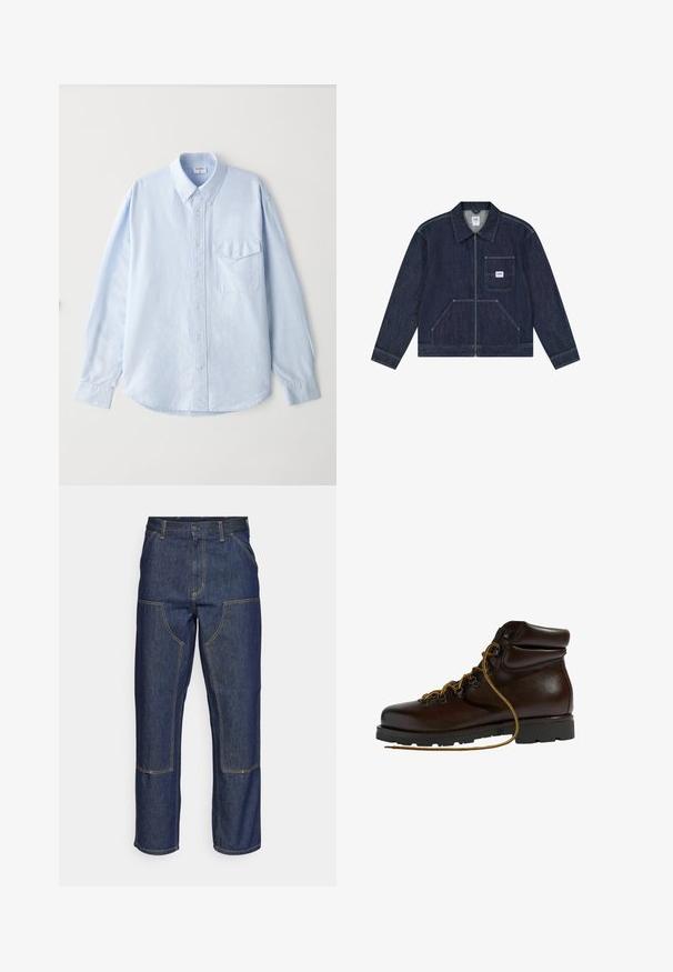 Mørkeblå denimjakke med lynlås foran, brystlomme med en hvid Lee-logo patch og to nederste lommer foran.; Lyseblå skjorte med knapper lavet af blødt stof, med klassisk krave, lange ærmer og en brystlomme med klap.; Mørkeblå denim jeans med høj talje, lige ben-design, kontrastsyninger og lappelommer foran.; Brun læder vandrestøvle med en afrundet tå, tekstureret overflade, gule snørebånd og metaløjer. Har en robust sort gummisål.