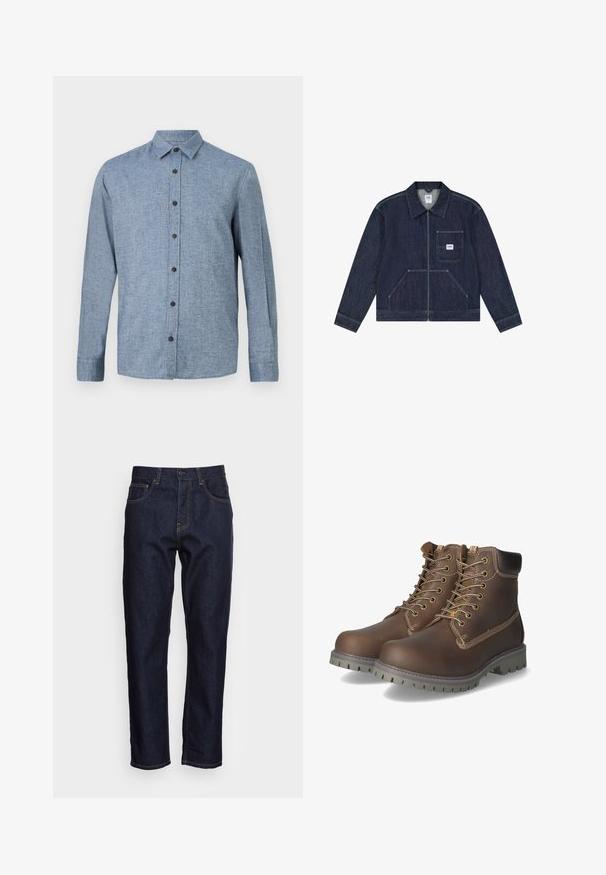 Mørkeblå denimjakke med lynlås foran, brystlomme med en hvid Lee-logo patch og to nederste lommer foran.; Langærmet button-up skjorte i lyseblåt stof med tekstureret væv, med krave og seks mørkeblå knapper ned ad fronten.; Mørkeblå denimjeans med lige pasform, fem lommer og kontrasterende gul syning. Designet med en klassisk knap- og lynlåslukning.; Brune læder ankelstøvler med snørebånd, polstret krave, kontrasterende syninger og slidstærk gummisål med skridsikre mønstre.