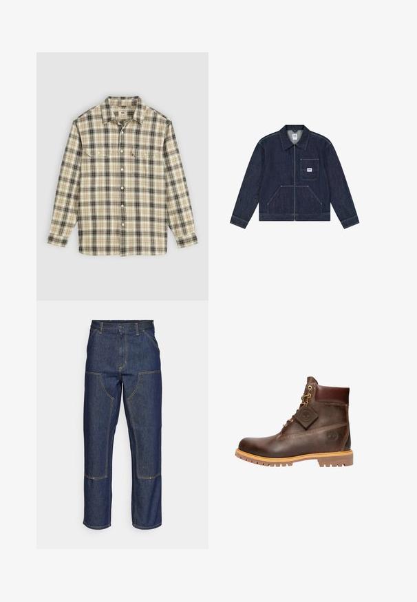 Mørkeblå denimjakke med lynlås foran, brystlomme med en hvid Lee-logo patch og to nederste lommer foran.; Langærmet ternet skjorte i beige, sort og brun stof, med knaplukning, to brystlommer og klassisk krave-design.; Mørkeblå denim jeans med høj talje, lige ben-design, kontrastsyninger og lappelommer foran.; Brun læder ankelstøvle med rund tå, solid sål, hardware i guldtone og en tekstureret overdel. Inkluderer et logo-tagfæstet.