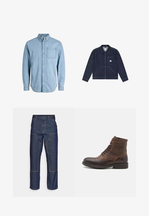 Veste en denim bleu foncé avec fermeture éclair frontale, poche poitrine ornée d'un patch logo Lee blanc, et deux poches frontales inférieures.; Chemise en denim bleu clair à boutons, manches longues, col, poche avant et texture subtile. Présente des boutons blancs le long de la patte de boutonnage.; Jeans en denim bleu foncé avec une taille haute, une coupe droite, des coutures contrastantes et des poches appliquées à l'avant.; Jack & Jones JFWDELANEY BOOT - Bottines à lacets - cognac