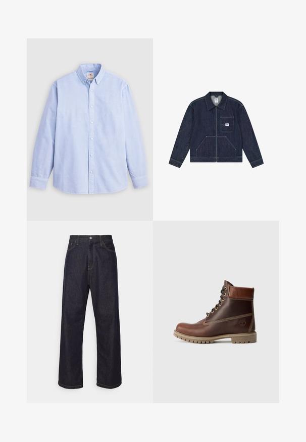 Veste en denim bleu foncé avec fermeture éclair frontale, poche poitrine ornée d'un patch logo Lee blanc, et deux poches frontales inférieures.; Chemise à manches longues bleu clair, en coton, avec un col classique et une broderie de marque discrète sur la poitrine gauche.; Jean en denim droit bleu foncé avec des coutures jaunes, bouton frontal, fermeture éclair, et cinq poches.; Bottine en cuir marron à lacets, avec un col rembourré, des coutures contrastées et une semelle robuste, vue de l'extérieur sur un fond blanc.