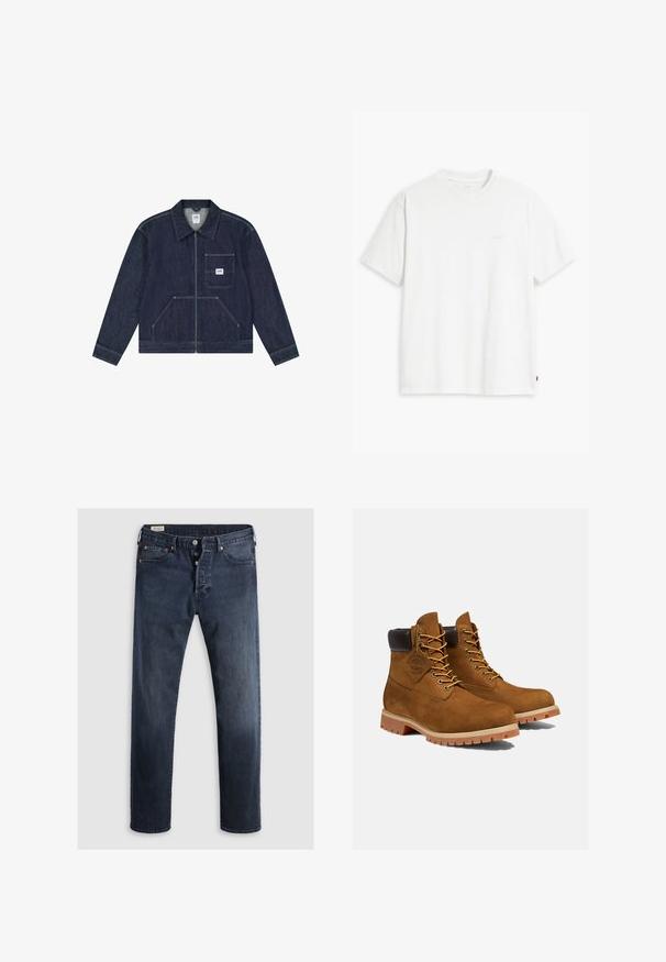Veste en denim bleu foncé avec fermeture éclair frontale, poche poitrine ornée d'un patch logo Lee blanc, et deux poches frontales inférieures.; T-shirt en coton blanc à manches courtes, col rond, avec un logo "Levi's" discret imprimé en couleur claire sur le devant.; Jeans en denim bleu foncé avec une coupe droite, dotés d'un zip et de boutons en métal, ainsi que d'accents de rivets en cuivre. Texture lisse, sans motifs visibles.; Bottines en daim marron avec un col rembourré noir, œillets dorés et semelle en caoutchouc épais avec un motif à crampons pour l'adhérence.