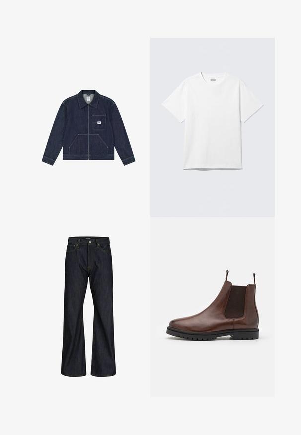 Mørkeblå denimjakke med lynlås foran, brystlomme med en hvid Lee-logo patch og to nederste lommer foran.; Hvid kortærmet crewneck T-shirt lagt fladt ud, ensfarvet design, med "WEEKDAY" mærkat inde i kraven på en lys baggrund.; Mørkeblå jeans med lige ben, fem lommer, knaplukning og synlige orange syninger på linningen og sømmene.; Brune læder Chelsea-støvle med elastiske sidepaneler, rund tå og tekstureret gummisål, der har trækstropper for nem påtagning.