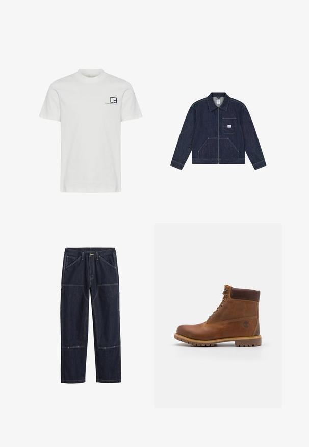 Veste en denim bleu foncé avec fermeture éclair frontale, poche poitrine ornée d'un patch logo Lee blanc, et deux poches frontales inférieures.; T-shirt en coton blanc avec un col rond et des manches courtes. Présente un logo graphique bleu marine et du texte sur la partie gauche de la poitrine.; Pantalons en denim bleu foncé avec des coutures doubles, un bouton frontal, des passants de ceinture et plusieurs poches à renfort sur les jambes.; Botte de randonnée en cuir marron avec une finition lisse, cheville rembourrée, œillets en métal et semelle en caoutchouc dotée d'un motif de crampons robuste.