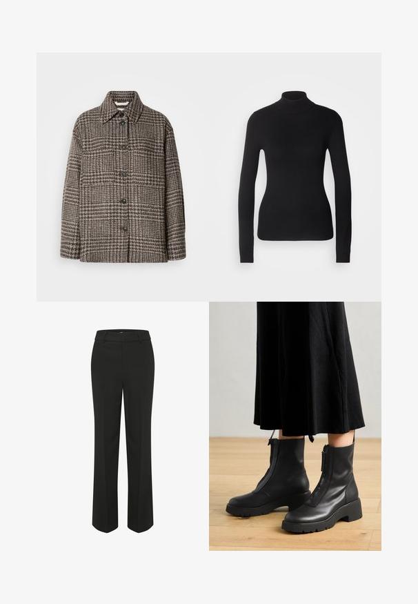 Brunternetternes knap-up jakke med klassisk krave, lavet af tekstureret stof og med to forlommer og sorte knapper.; Sort turtleneck sweater lavet af let strikket stof. Har lange ærmer, et tætsiddende design og en blød ribbet tekstur.; Sorte, vide benbukser med en glat overflade. Har en tætsiddende livlinje og rene, skræddersyede linjer for et minimalistisk design.; Sorte læder ankelstøvler med en kraftig platformsål og en frontlynlås. Glat tekstur med et minimalistisk design.