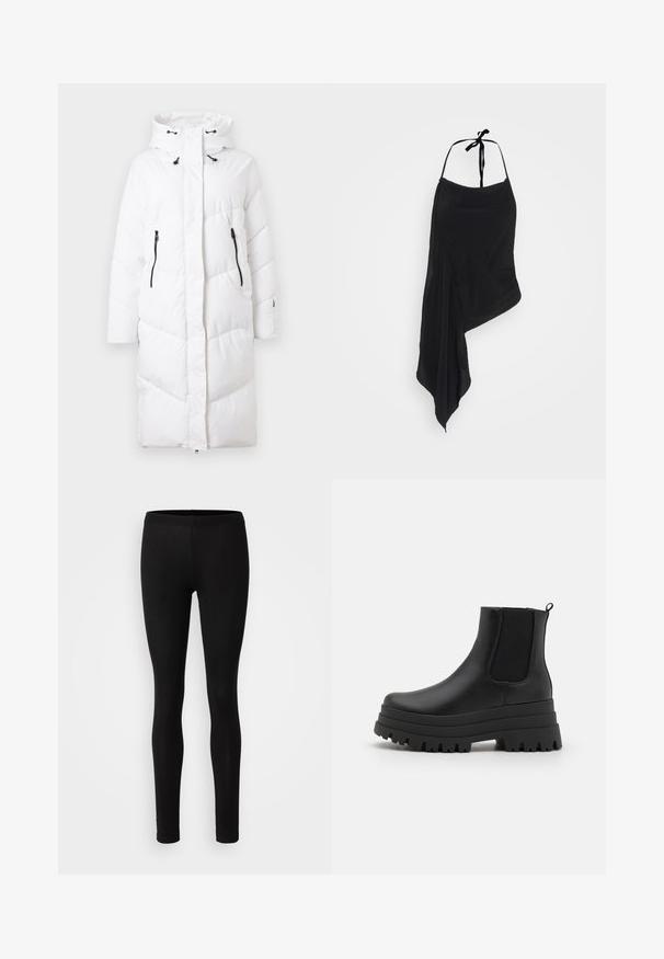 Lang hvid quiltet vinterjakke med hætte, sorte lynlåslommer, trykknapper og justerbare hætteledninger.; Weekday DRAPE - Top - black; Sorte leggings lavet af et blødt, strækbart stof. De har en tætsiddende pasform med elastisk talje og en glat, mat overflade.; Sorte Chelsea støvler med en kraftig platformsål, glat læderoverdel, elastiske sidepaneler og en hængetab til nem påtagning.