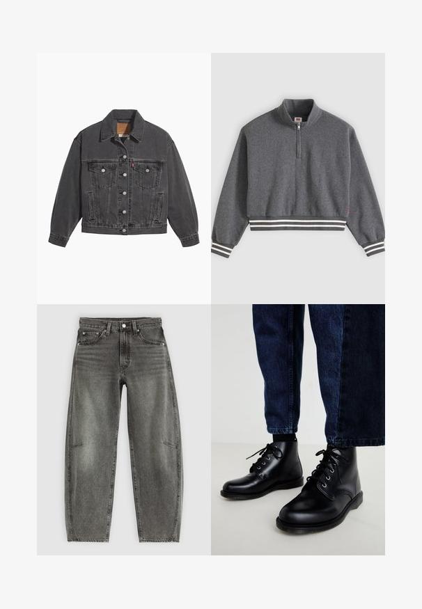 Sort denimjakke med klassisk krave, to brystlommer, sølvfarvede knapper og en let falmet tekstur.; Mørkegrå cropped sweatshirt med kvartlynlås, høj krave, lange ærmer og stribede ribkanter ved ærmer og kant.; Højtaljede gråvaskede denimjeans med fem lommer, knaplukning og en afslappet lige pasform.; Sorte ankelstøvler i læder med runde snuder, snørelukning, sølvfarvede forskruninger og teksturerede såler, kombineret med mørkeblå denimjeans.