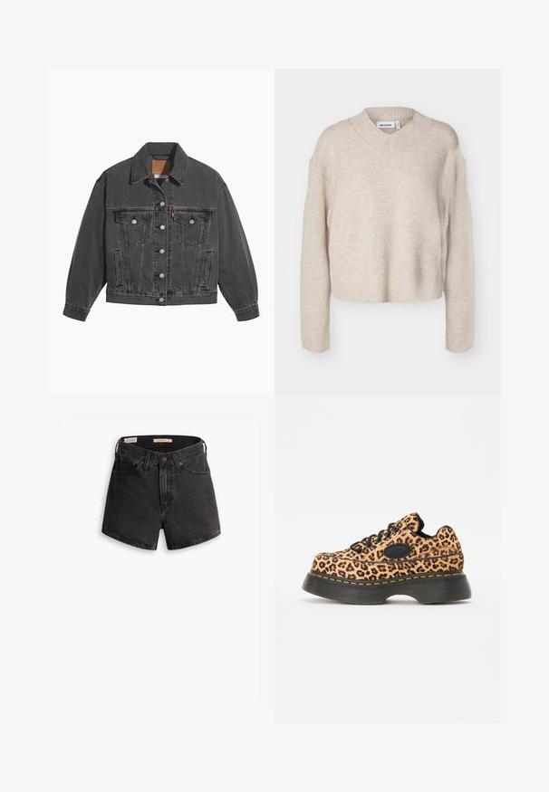Zwarte spijkerjas met een klassieke kraag, twee borstzakken, zilveren knoopsluitingen en een licht vervaagde structuur.; Weekday REESE V NECK - Trui - light mole; Zwarte denim shorts met hoge taille, voorzien van een knoopsluiting aan de voorkant, vier zakken en een licht verouderde afwerking.; Panterprint platform sneakers met zwarte veters, textuurmateriaal en gele stikdetails op een dikke zwarte rubberen zool.
