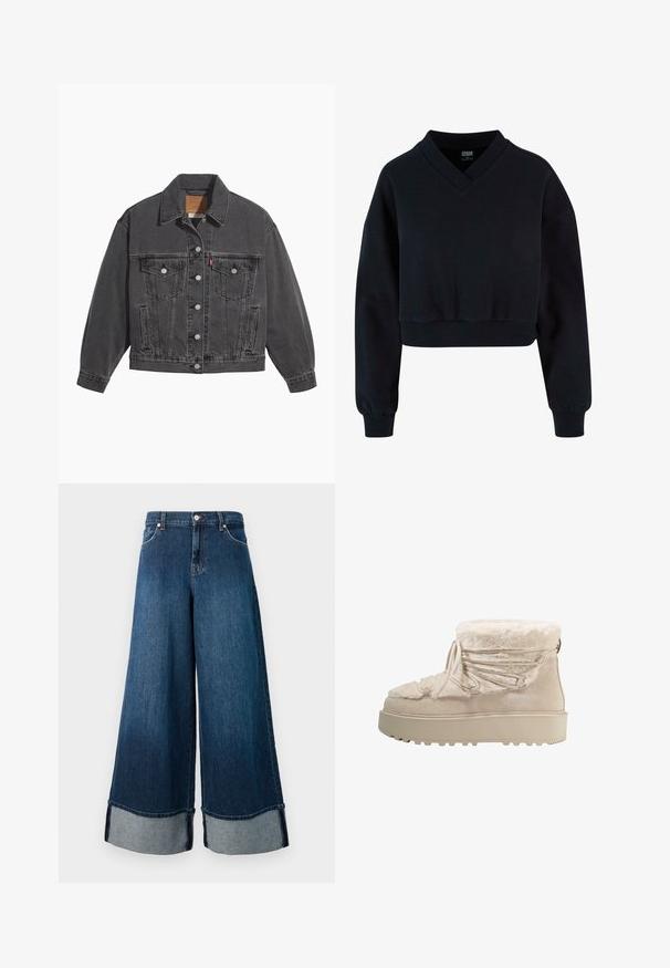 Veste en denim noir avec un col classique, deux poches poitrine, des boutons argentés et une texture légèrement délavée.; Sweatshirt noir court avec un col en V et des épaules tombantes. Fabriqué en matériau doux avec des poignets et un ourlet côtelés. Design simple et minimal.; Jean en denim à jambes larges dans un lavage foncé avec une finition délavée. Présente un ourlet brut et un revers en denim plus clair. Comprend des poches avant et une fermeture à bouton.; Bottine beige à doublure en fourrure, avec un extérieur en daim, un devant lacé et une semelle en caoutchouc épaisse avec un motif de grip texturé. Design à bout arrondi.