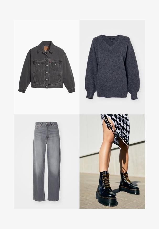 Sort denimjakke med klassisk krave, to brystlommer, sølvfarvede knapper og en let falmet tekstur.; Grå v-hals sweater lavet af blødt, struktureret strikmateriale. Har lange, let puffede ærmer og en afslappet pasform.; Weekday RAIL MID LOOSE STRAIGHT - Jeans Straight Leg - misty grey; Sorte læder platform støvler med chunky såler, guld snørebånd og orange syninger, kombineret med en ternet nederdel med en sideslids.