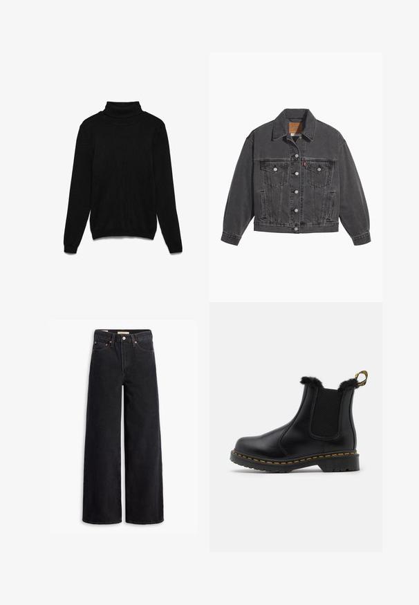 Veste en denim noir avec un col classique, deux poches poitrine, des boutons argentés et une texture légèrement délavée.; Pull à col roulé noir en tissu tricoté. Comprend des manches longues, un col côtelé et une coupe décontractée. Aucune texture ou accent visible.; Jean noir à jambe large en denim, comportant cinq poches, des rivets en laiton et une fermeture à bouton classique. Texture lisse avec un design épuré.; Bottes noires en cuir montantes avec des panneaux élastiques texturés sur les côtés, un bord en fourrure en haut, des coutures jaunes et une semelle en caoutchouc robuste.